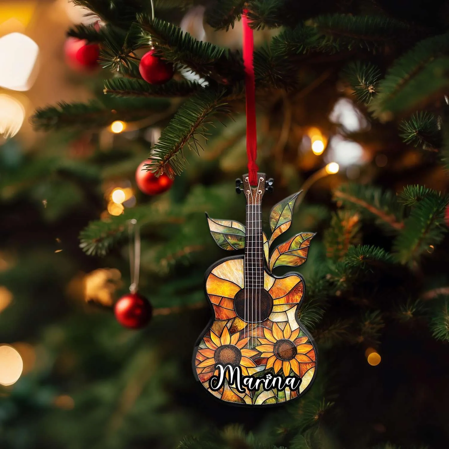 Floral Electric Guitar Acrylic Ornament, Personalized Shaped Tree Hanging, Custom Name Guitar Players Decor, Music Theme Decoration, Musical Instrument Ornament, Gifts for Musician