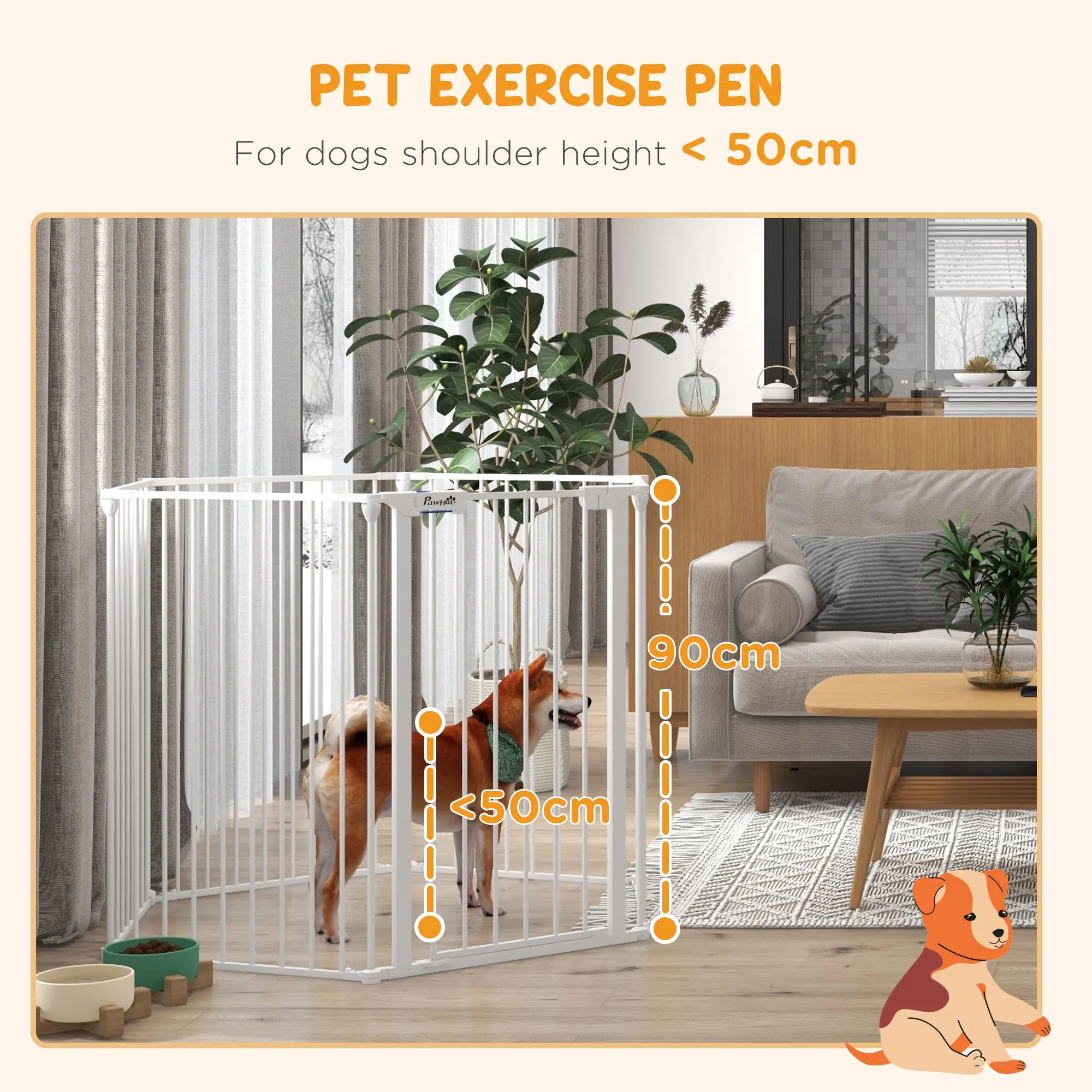 Foldable and Modular Dog Gate for Medium Size Dogs in Metal and Plastic, 123x102x90 cm, White
