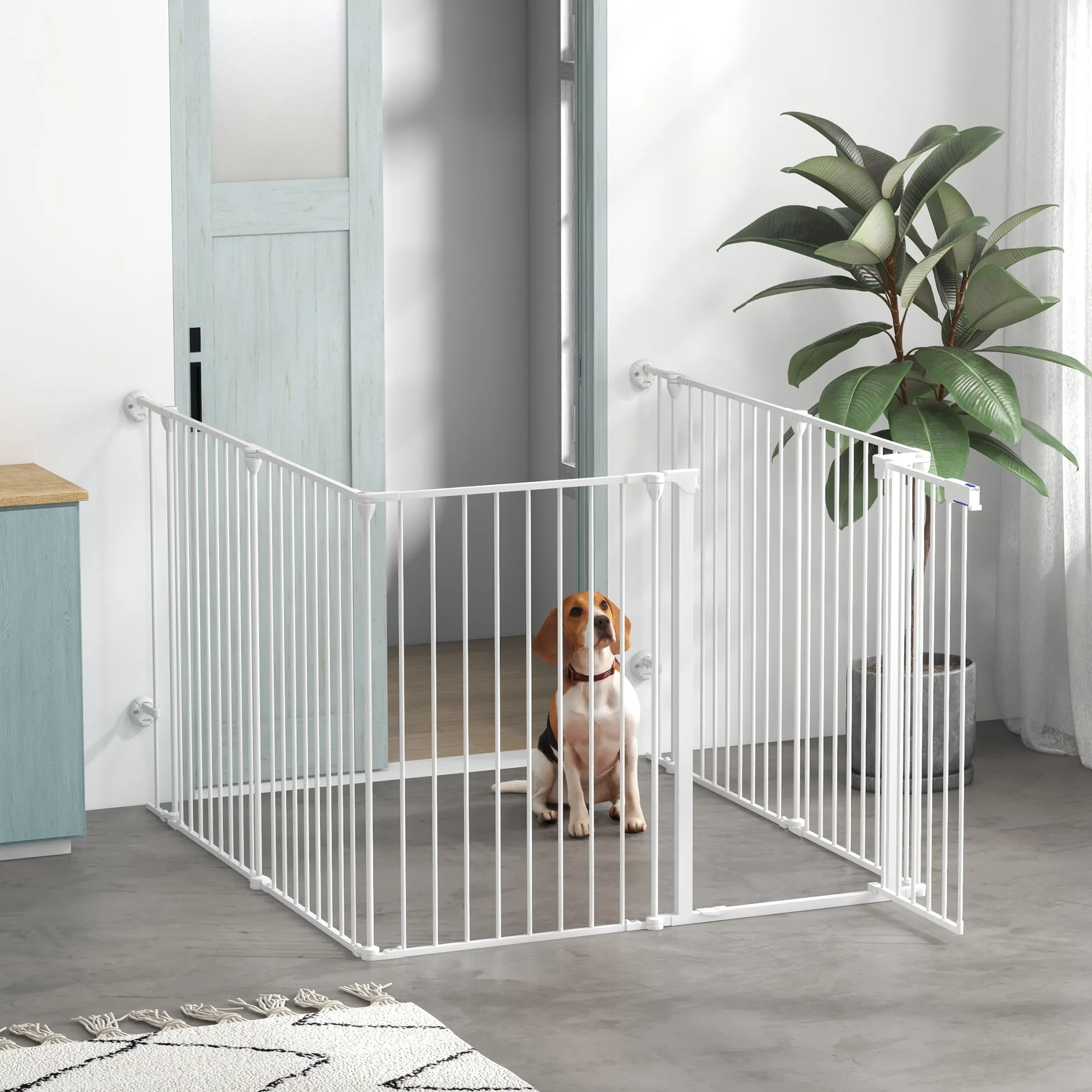 Foldable and Modular Dog Gate for Medium Size Dogs in Metal and Plastic, 123x102x90 cm, White