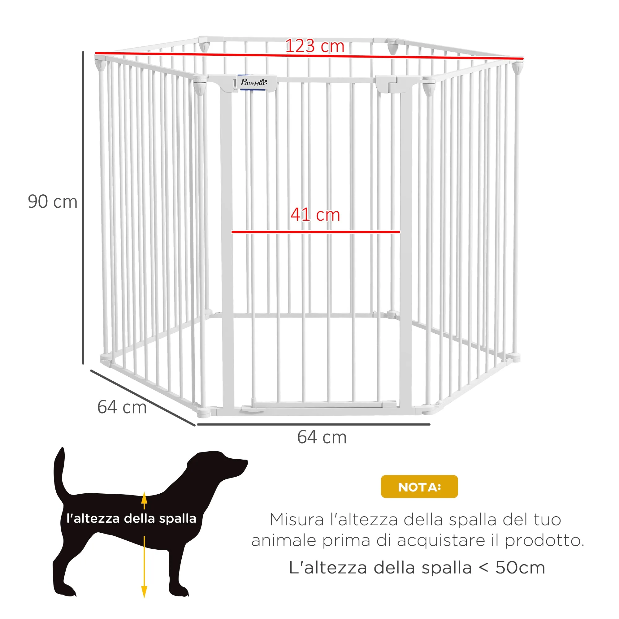 Foldable and Modular Dog Gate for Medium Size Dogs in Metal and Plastic, 123x102x90 cm, White