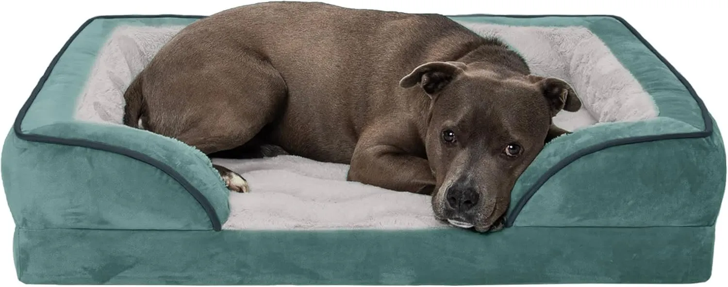 Furhaven Orthopedic Dog Bed for Large/Medium Dogs w/ Removable Bolsters & Washable Cover, For Dogs Up to 55 lbs - Plush & Velvet Waves Perfect Comfort Sofa - Celadon Green, Large