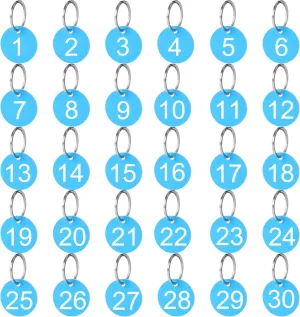 H&W Numbers Tags 1-30,30 Pcs 35mm Round Key Tags with Numbers,Plastic Keychain Tag with Keyrings,Numbered Key Tags for Dormitory Keys House Lockers Bathroom Sauna (Blue)