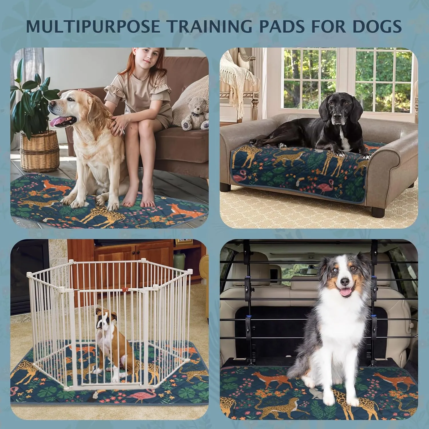 IEUUMLER Washable Pee Pads for Dogs, 2 Pack Forest Pattern Reusable Waterproof Puppy Pads, Non-Slip Super Absorbent Dog Training Pad for Playpen Crate Bed EU013 Navy Blue Jungle, 24x18