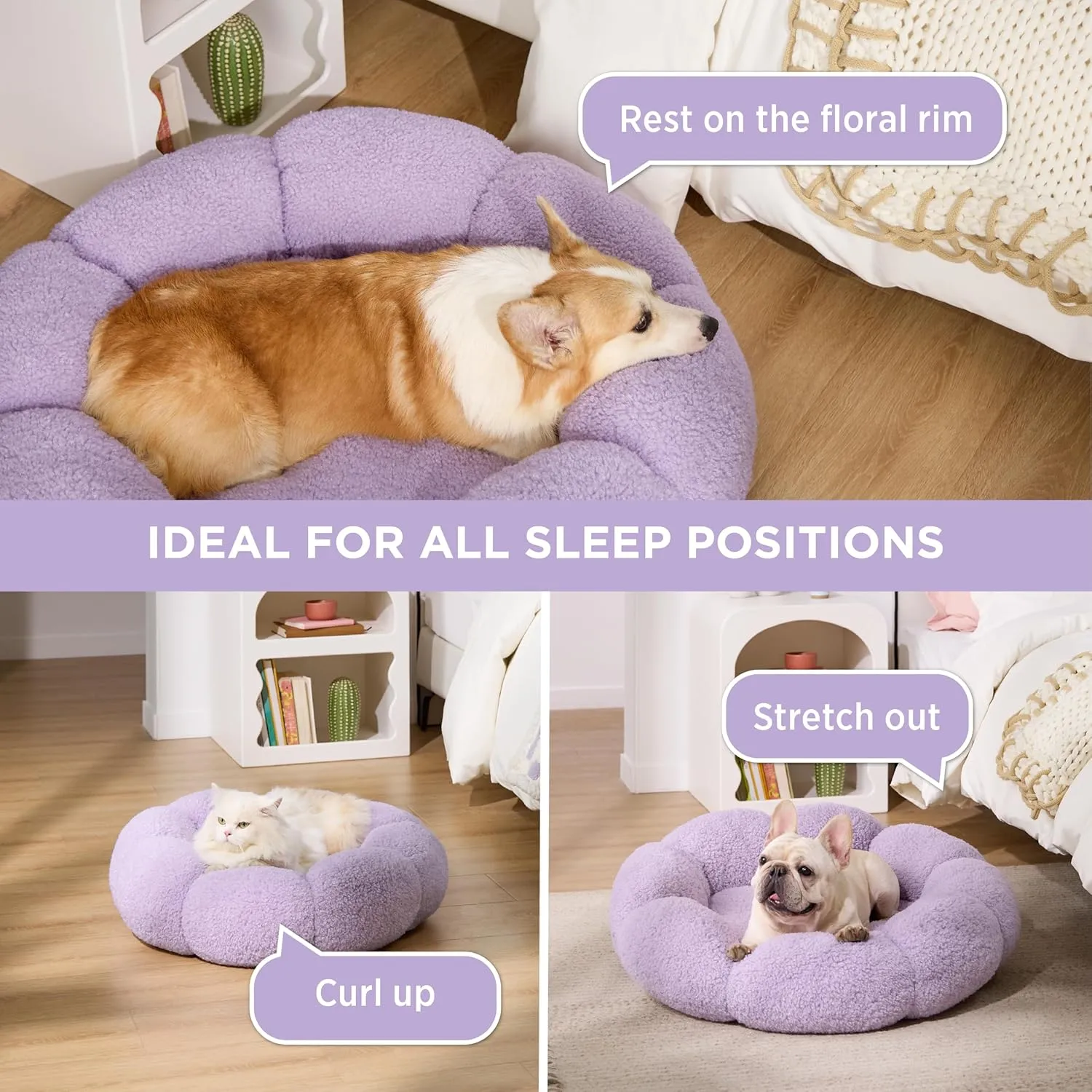 Lesure Calming Medium Dog Bed - Flower Donut Round Fluffy Puppy Bed in Plush Teddy Sherpa, Non-Slip Cute Flower Cat Beds for Indoor Cats, Medium Pet Bed Fits up to 45 lbs, Machine Washable, Purple 30"