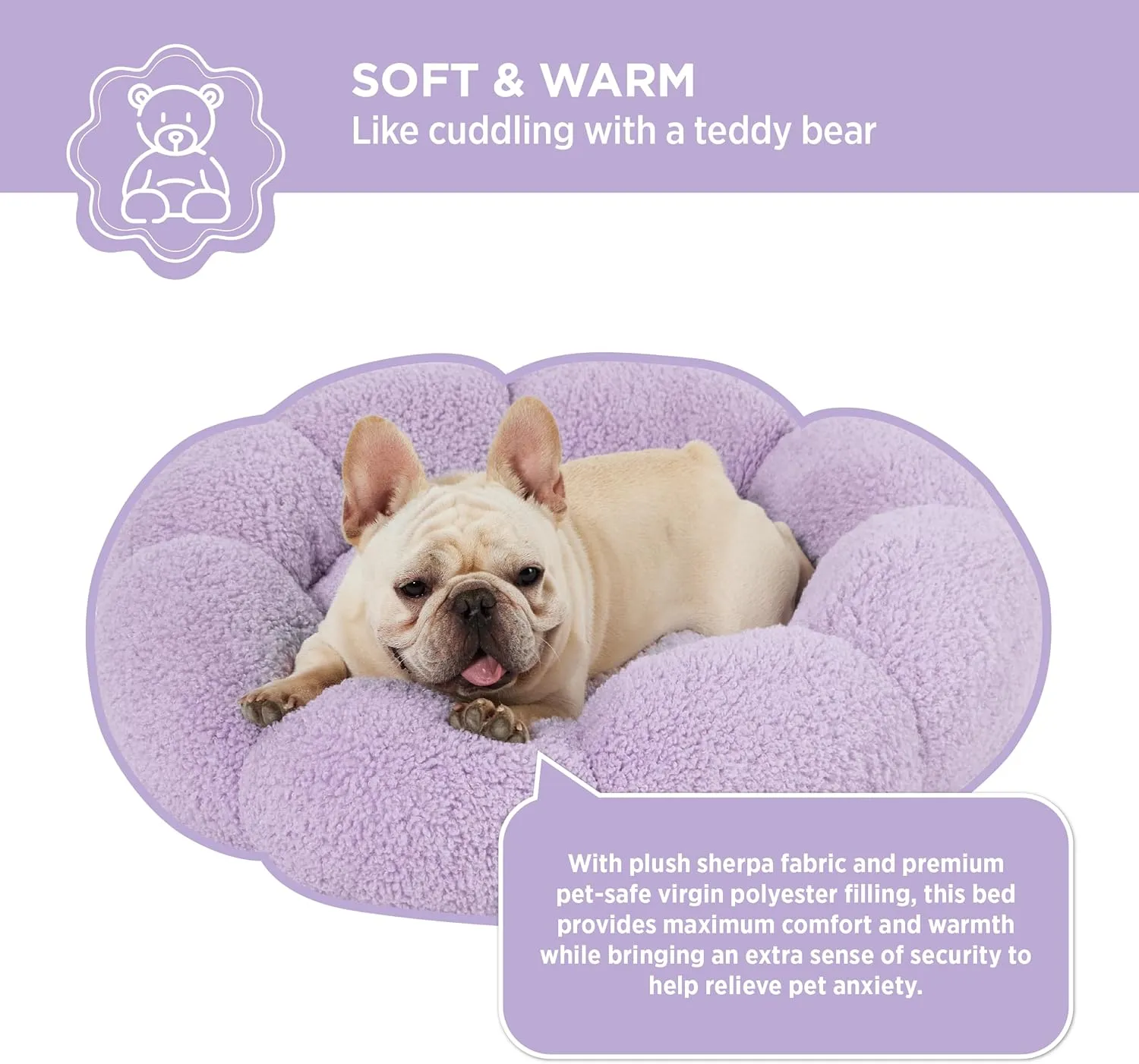 Lesure Calming Medium Dog Bed - Flower Donut Round Fluffy Puppy Bed in Plush Teddy Sherpa, Non-Slip Cute Flower Cat Beds for Indoor Cats, Medium Pet Bed Fits up to 45 lbs, Machine Washable, Purple 30"