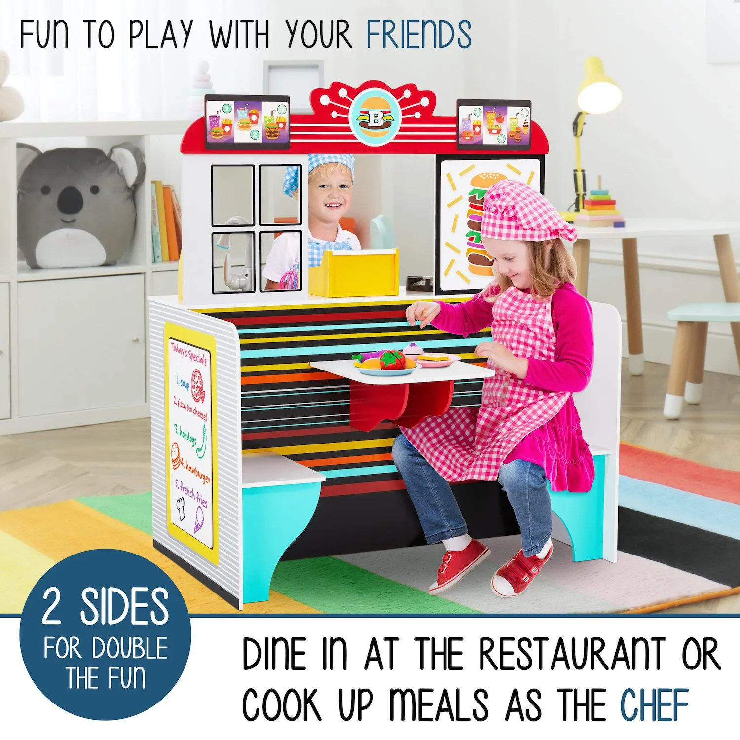 Lil’ Jumbl Double Sided Restaurant Playset for Kids Wooden Lil' Jumbl Dinner Simulation Toy