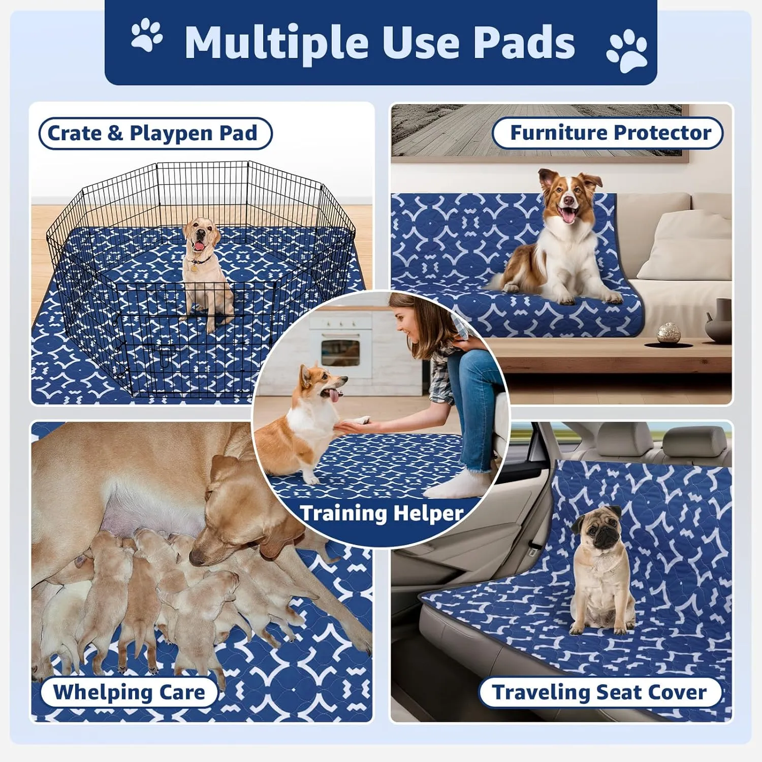 LOOBANI Washable Pee Pads for Dogs: 72"x 72" Extra Large Reusable Puppy Pads,1 Pack Absorbent Whelping Pad Leakproof Dog Playpen Mat, Waterproof Non-Slip Dog Training Pads for Floor, Crate, Potty