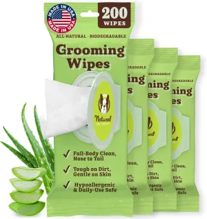 Natural Dog Company Grooming Wipes with Aloe Vera, Cleanses, Soothes, & Deodorizes, Fragrance Free, Hypoallergenic, Biodegradable Wipes - Dog Wipes for Ear, Paws, Face and Butt Wipes (200 Wipes)
