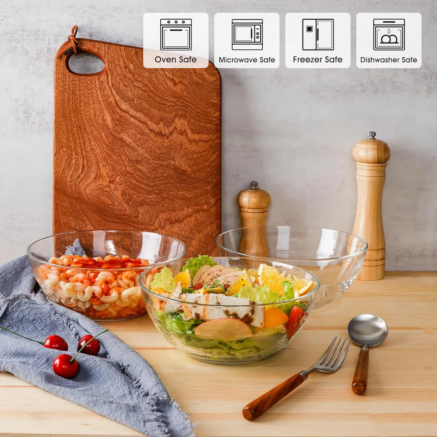 NUTRIUPS 3 Pack Clear Glass Soup Bowl, 8 inch Serving Bowl, Tempered Glass Microwave and Oven Safe