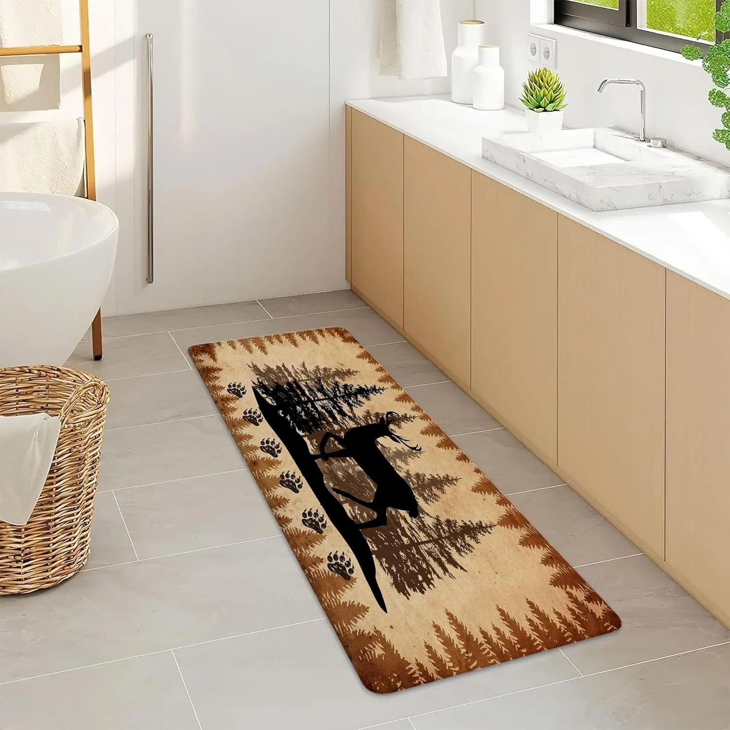NYMB Rutic Cabin Bathroom Rugs, Hunting Camping Animal Black Deer Design Bath Mat, Non Slip Bath Mat Forest Trees Lodge Farmhouse Mat Rugs for Living Room Area Rugs, 17X48in