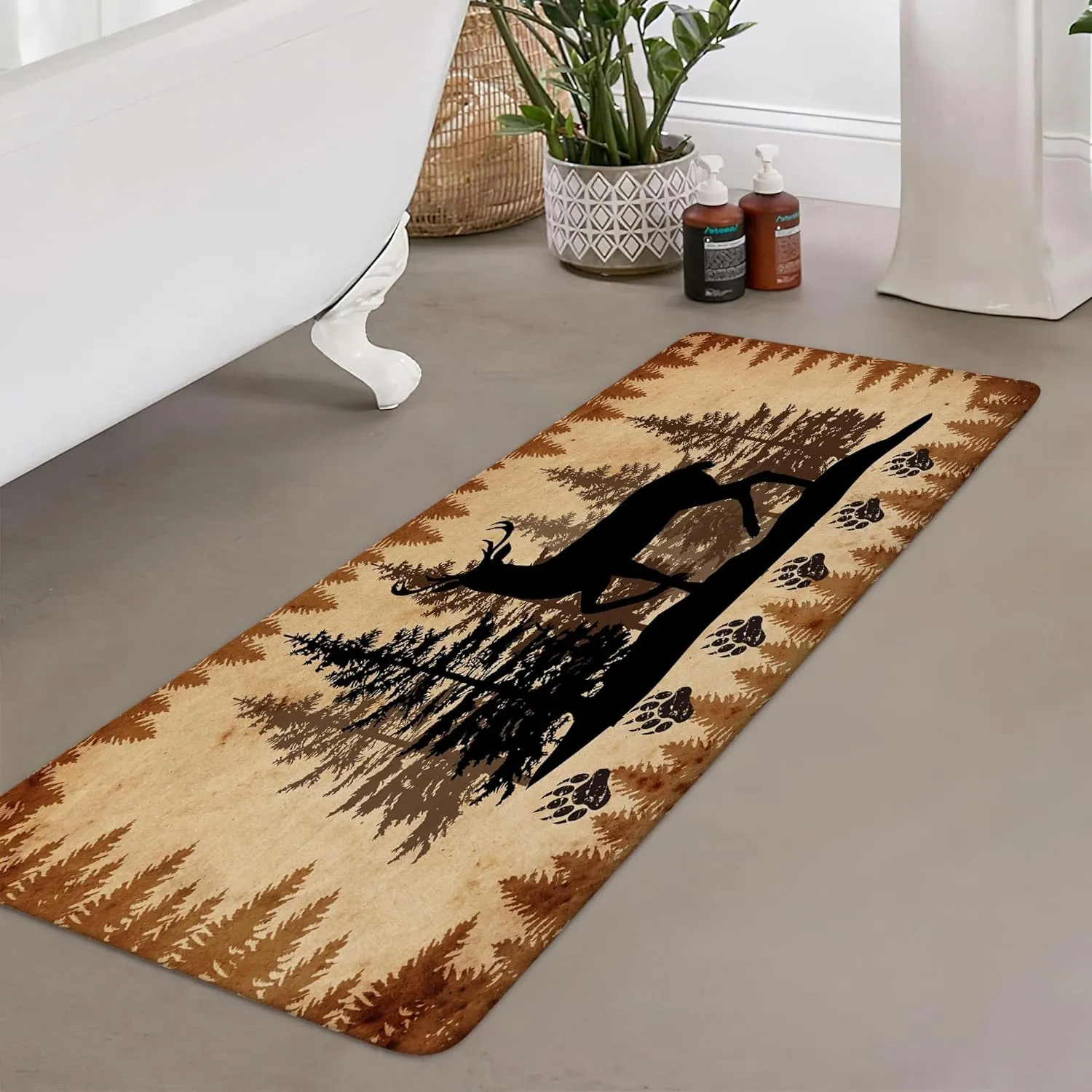 NYMB Rutic Cabin Bathroom Rugs, Hunting Camping Animal Black Deer Design Bath Mat, Non Slip Bath Mat Forest Trees Lodge Farmhouse Mat Rugs for Living Room Area Rugs, 17X48in