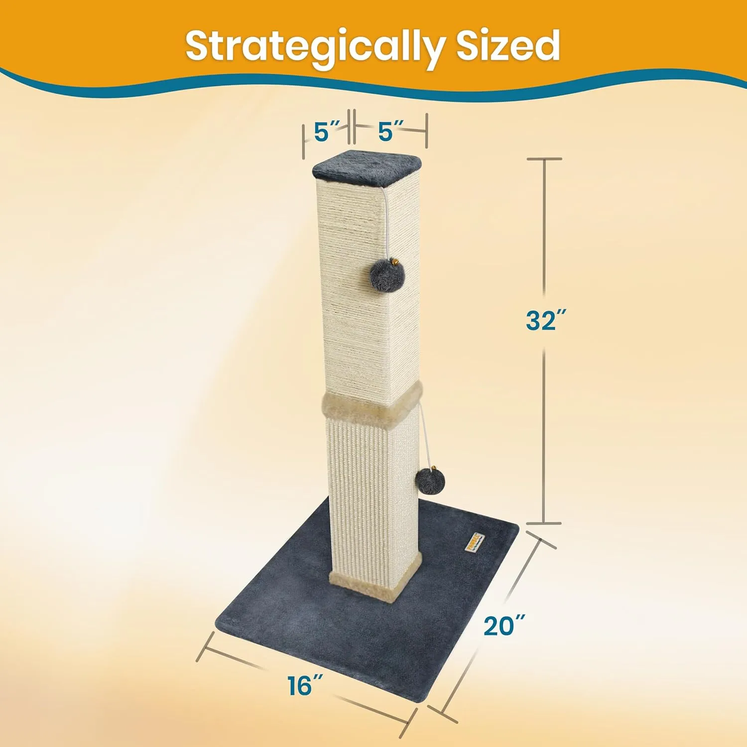 PAWBEE Cat Scratch Post Tower - 32 Tall Cat Scratching Post with Jingle Bells and Plush Balls - Sisal Cat Scratcher with Larger Base for Better Stability - Cat Scratching Posts for Indoor Cats