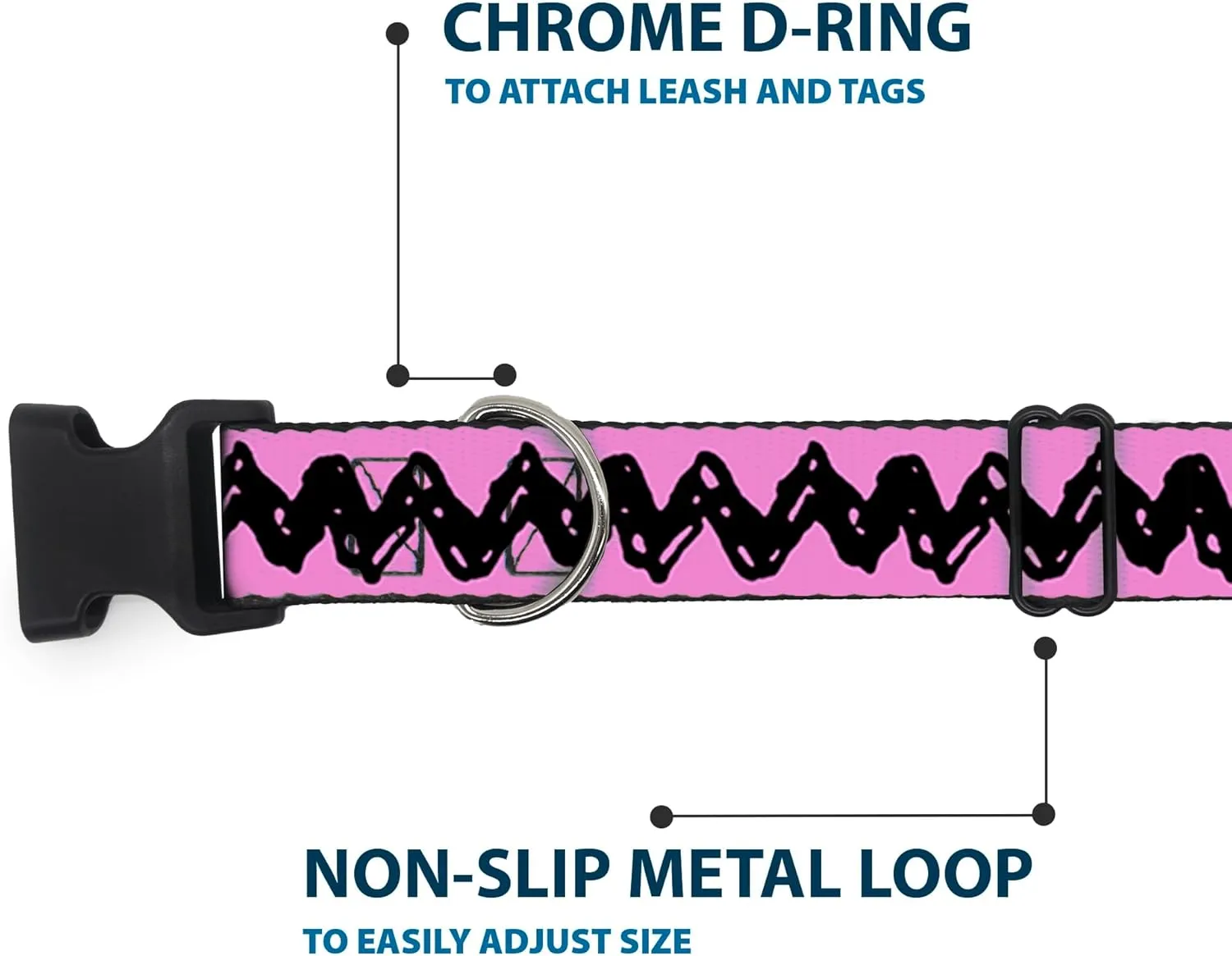 Peanuts Worldwide LLC Pet Collar, Dog Collar Plastic Buckle, Peanuts Charlie Brown Zig Zag Stripe Pink Black, 16 to 23 Inches 1.5 Inch Wide