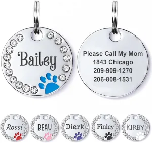 Personalized Dog Cat Cute Paw Pet ID Tag,Stainless Steel Pet ID Tags,Diamond Dog Tags,Personalized Dog Tags Engraved for Pets On Both Sides,Customized Dog Tags and Cat Tags,Blue