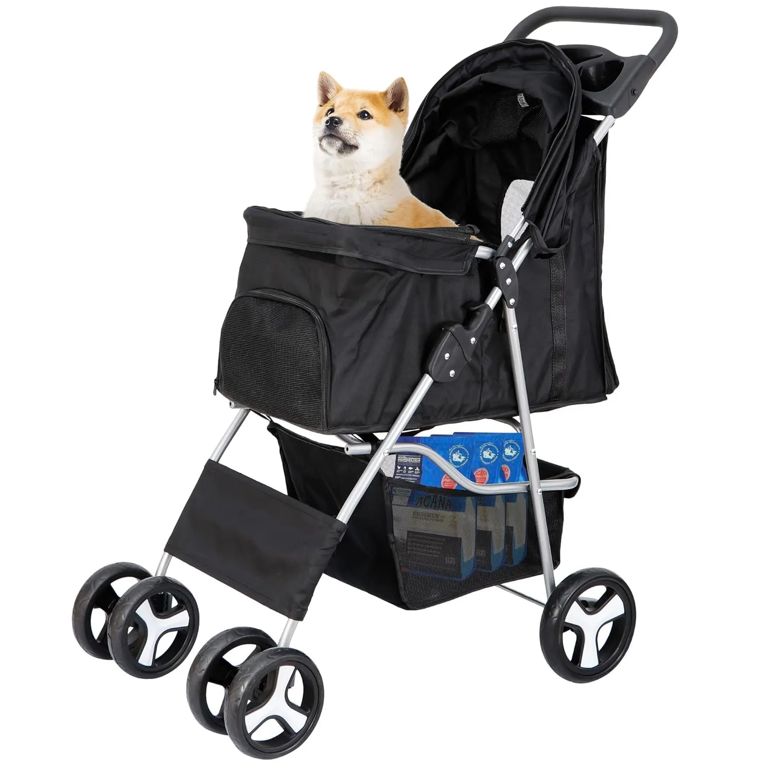 Pet Stroller for Medium Small Dogs - Easy to Walk Folding Travel Carrier Strolling Cart with Cup Holder, Weather Cover and Storage Basket'