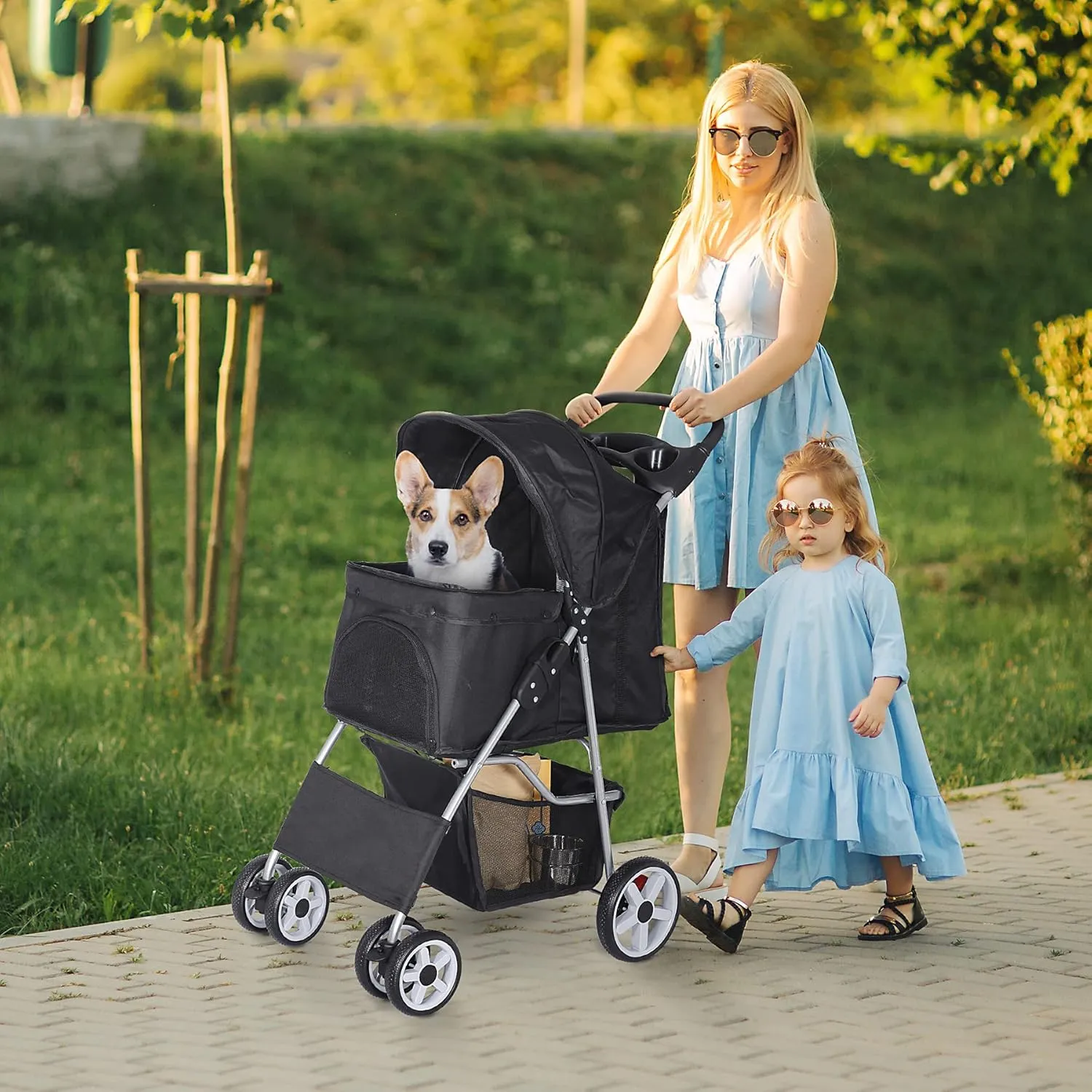 Pet Stroller for Medium Small Dogs - Easy to Walk Folding Travel Carrier Strolling Cart with Cup Holder, Weather Cover and Storage Basket'