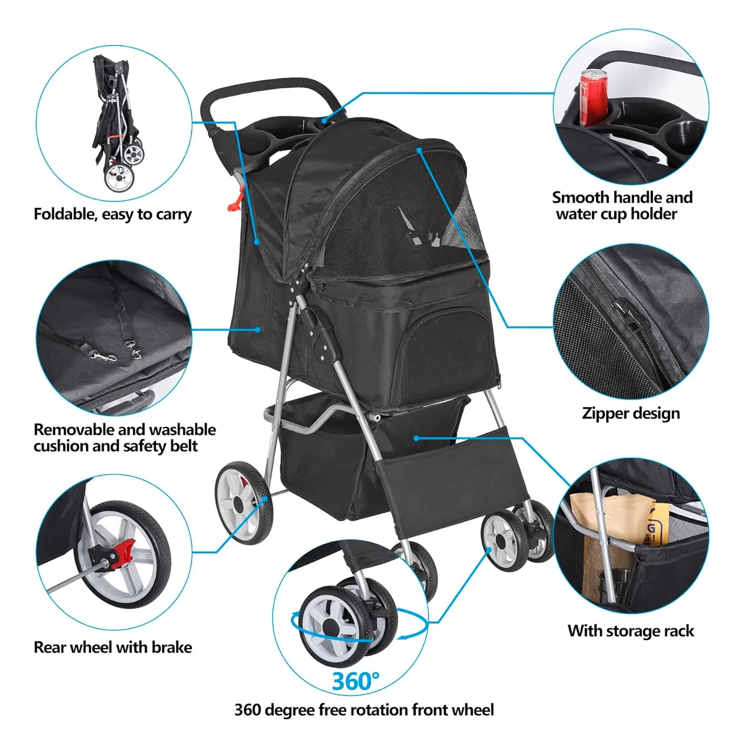 Pet Stroller for Medium Small Dogs - Easy to Walk Folding Travel Carrier Strolling Cart with Cup Holder, Weather Cover and Storage Basket'