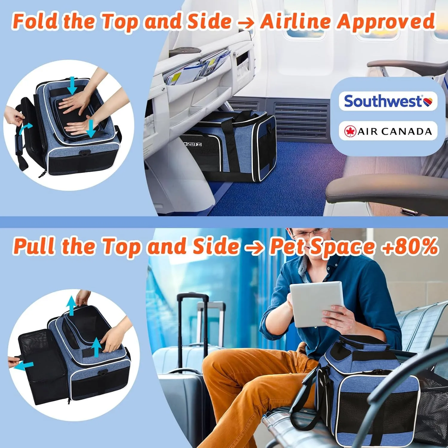 Petskd Top and Side Expandable Pet Carrier 18x13x9.5 Inches Southwest Airline Approved, Soft-Sided Carrier for Small Cats and Dogs with Locking Safety Zippers and Anti-Scratch Mesh(Blue)