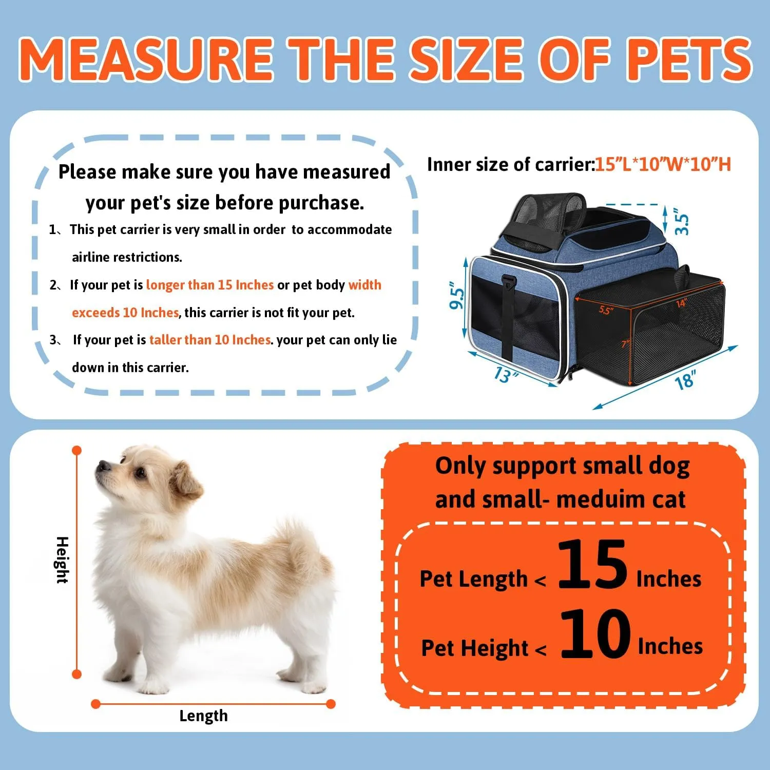 Petskd Top and Side Expandable Pet Carrier 18x13x9.5 Inches Southwest Airline Approved, Soft-Sided Carrier for Small Cats and Dogs with Locking Safety Zippers and Anti-Scratch Mesh(Blue)