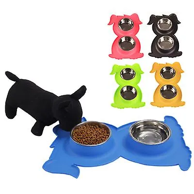pink Stainless Steel Double Pet Bowl Dog Cat Twin Food Water Dish Feeding Station AZ21790