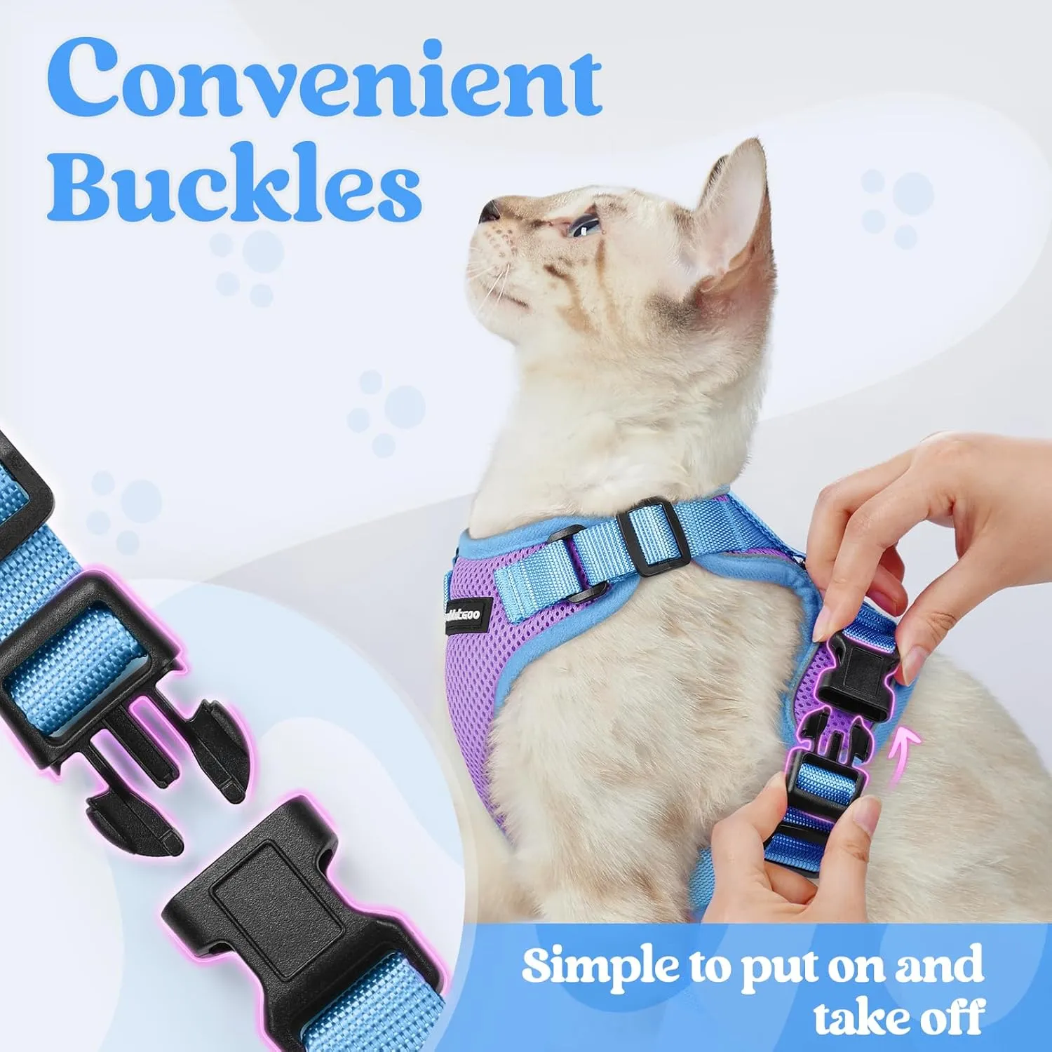 rabbitgoo Cat Harness and Leash Set, Escape Proof Soft Adjustable Vest Harnesses for Outdoor Walking, Easy Control Breathable Kitten Jacket with Reflective Strips, Purple & Blue, S