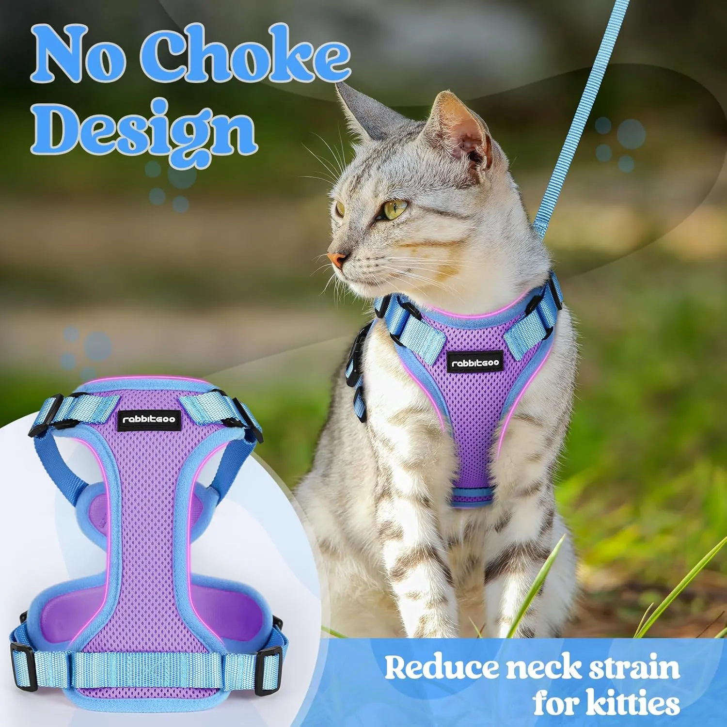 rabbitgoo Cat Harness and Leash Set, Escape Proof Soft Adjustable Vest Harnesses for Outdoor Walking, Easy Control Breathable Kitten Jacket with Reflective Strips, Purple & Blue, S