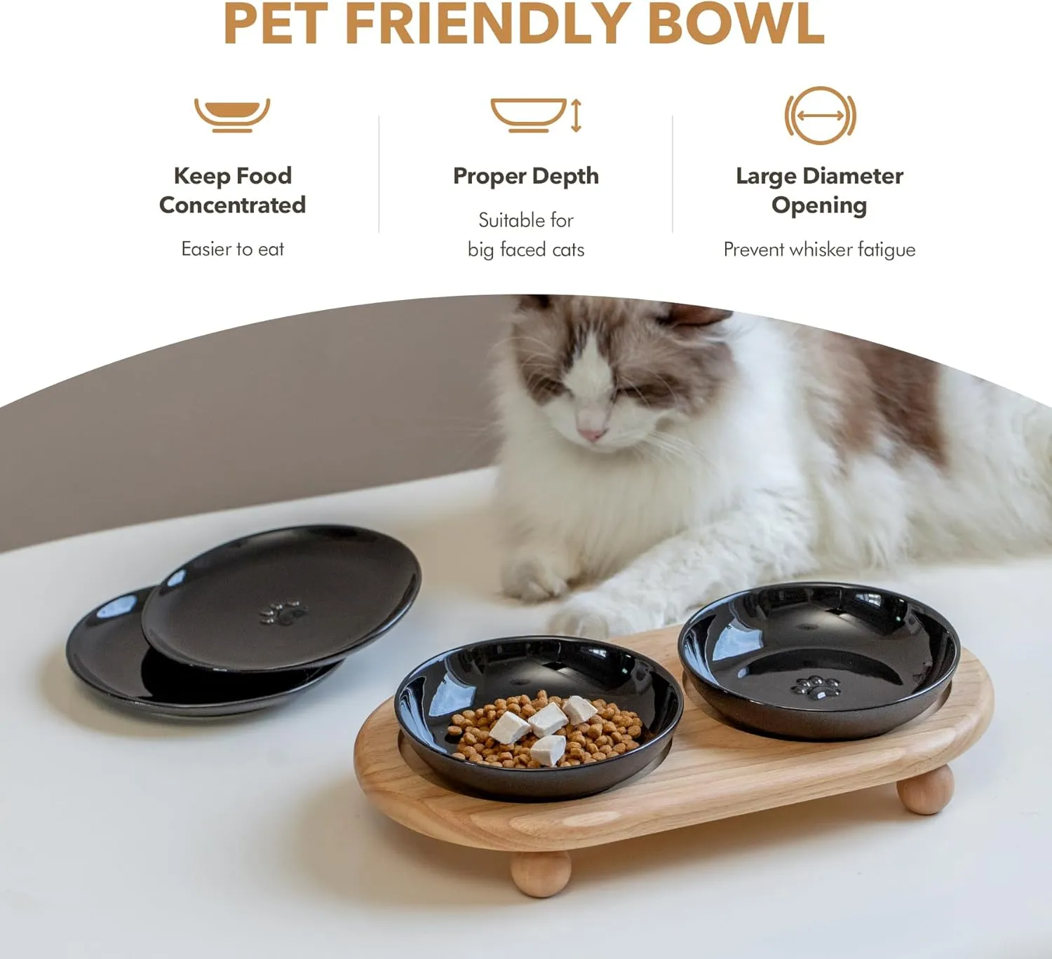 Raised Ceramic Cat Dishes, Food& Water Bowl with 2 Style Stand Adjustable Raised Pet Bowl Set, Anti Whisker Fatigue(2Dish 2Shallow Dish Stand, Black