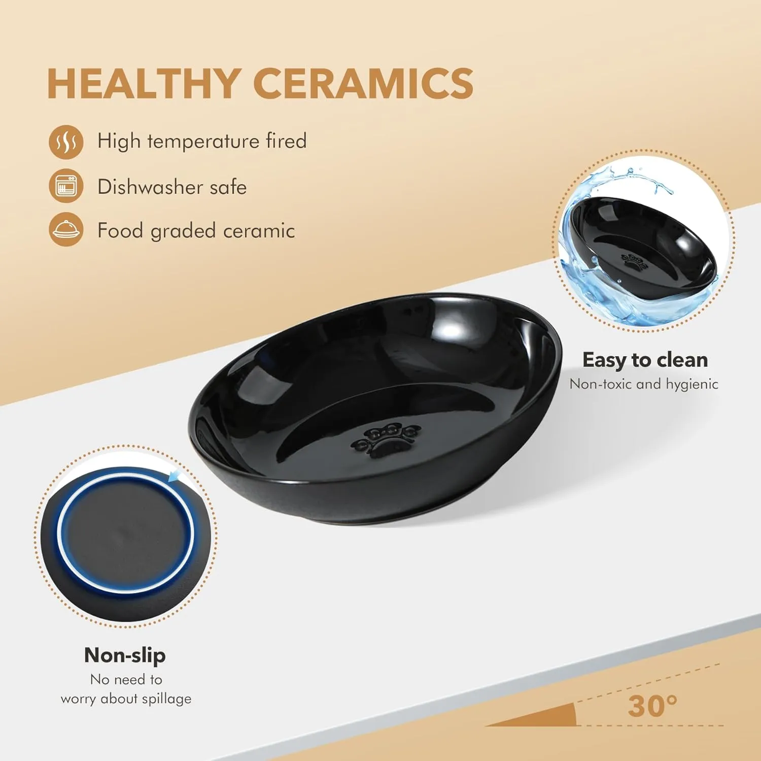 Raised Ceramic Cat Dishes, Food& Water Bowl with 2 Style Stand Adjustable Raised Pet Bowl Set, Anti Whisker Fatigue(2Dish 2Shallow Dish Stand, Black
