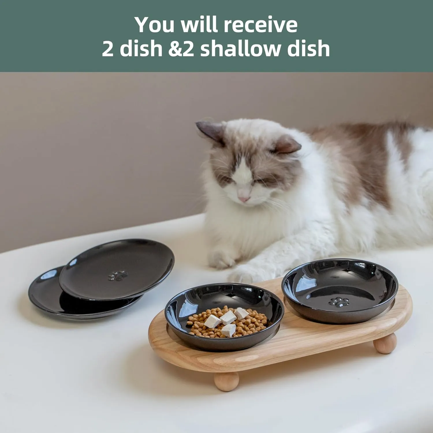 Raised Ceramic Cat Dishes, Food& Water Bowl with 2 Style Stand Adjustable Raised Pet Bowl Set, Anti Whisker Fatigue(2Dish 2Shallow Dish Stand, Black