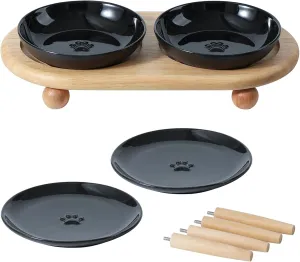 Raised Ceramic Cat Dishes, Food& Water Bowl with 2 Style Stand Adjustable Raised Pet Bowl Set, Anti Whisker Fatigue(2Dish 2Shallow Dish Stand, Black