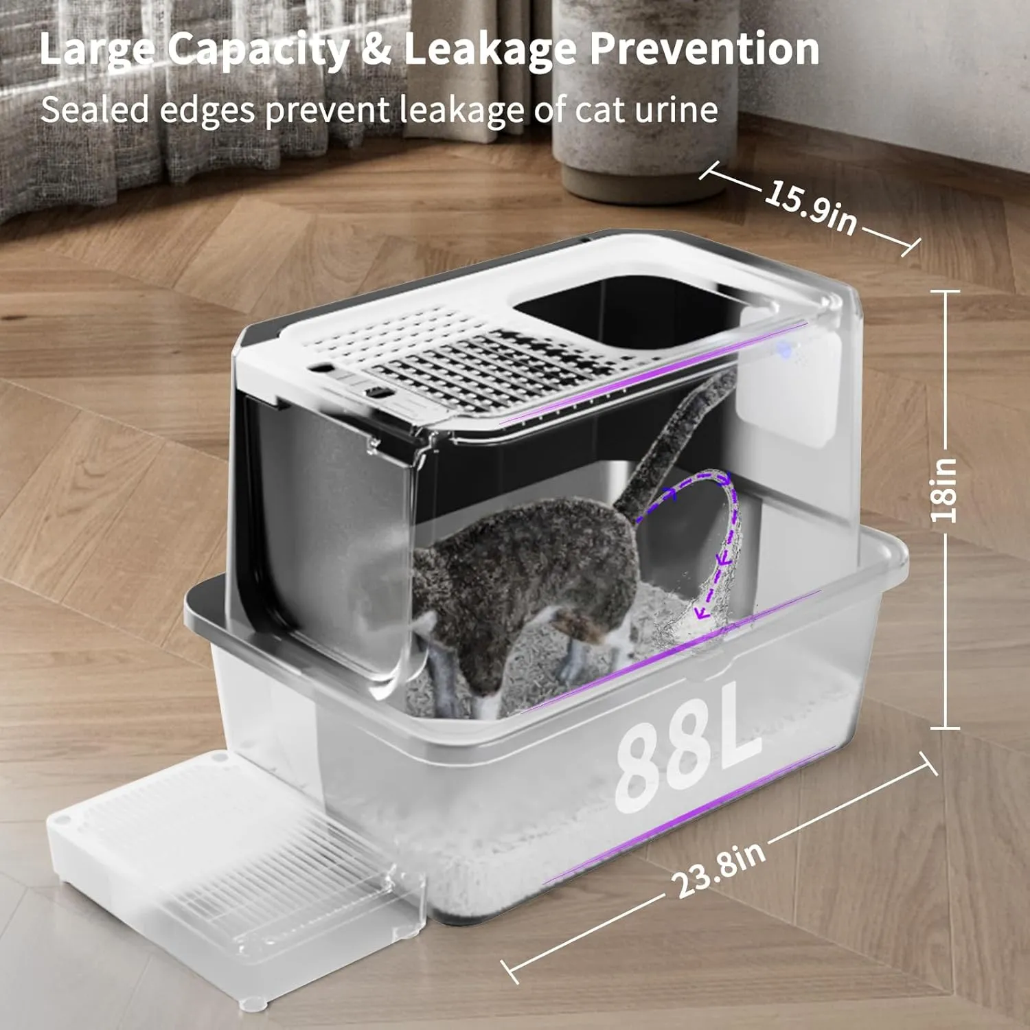 RIZZARI Stainless Steel Cat Litter Box, Odorless Enclosed Litter Box with Top Holes, Large Litter Pan for Small to Large Sized Cats (Deep Black, 23.8" L*15.9" W*18" H)