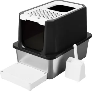 RIZZARI Stainless Steel Cat Litter Box, Odorless Enclosed Litter Box with Top Holes, Large Litter Pan for Small to Large Sized Cats (Deep Black, 23.8" L*15.9" W*18" H)