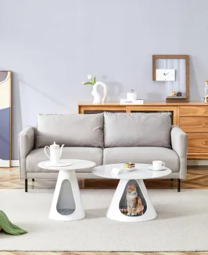 Set of 2 Round Coffee Tables with Marble-Look Top and Steel Base, Integrated Cat Beds, Stylish and Functional, White