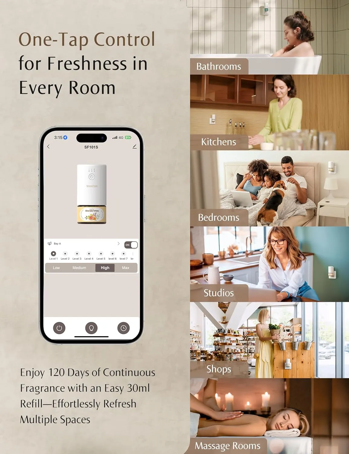 SF101S Smart Wi-Fi Waterless Ultrasonic Essential Oil Diffuser100% Plant-Based,120-Day Natural Air Freshener & Aromatherapy Scent Diffuser Covers 100 for Home,Hotel-Pine Needle