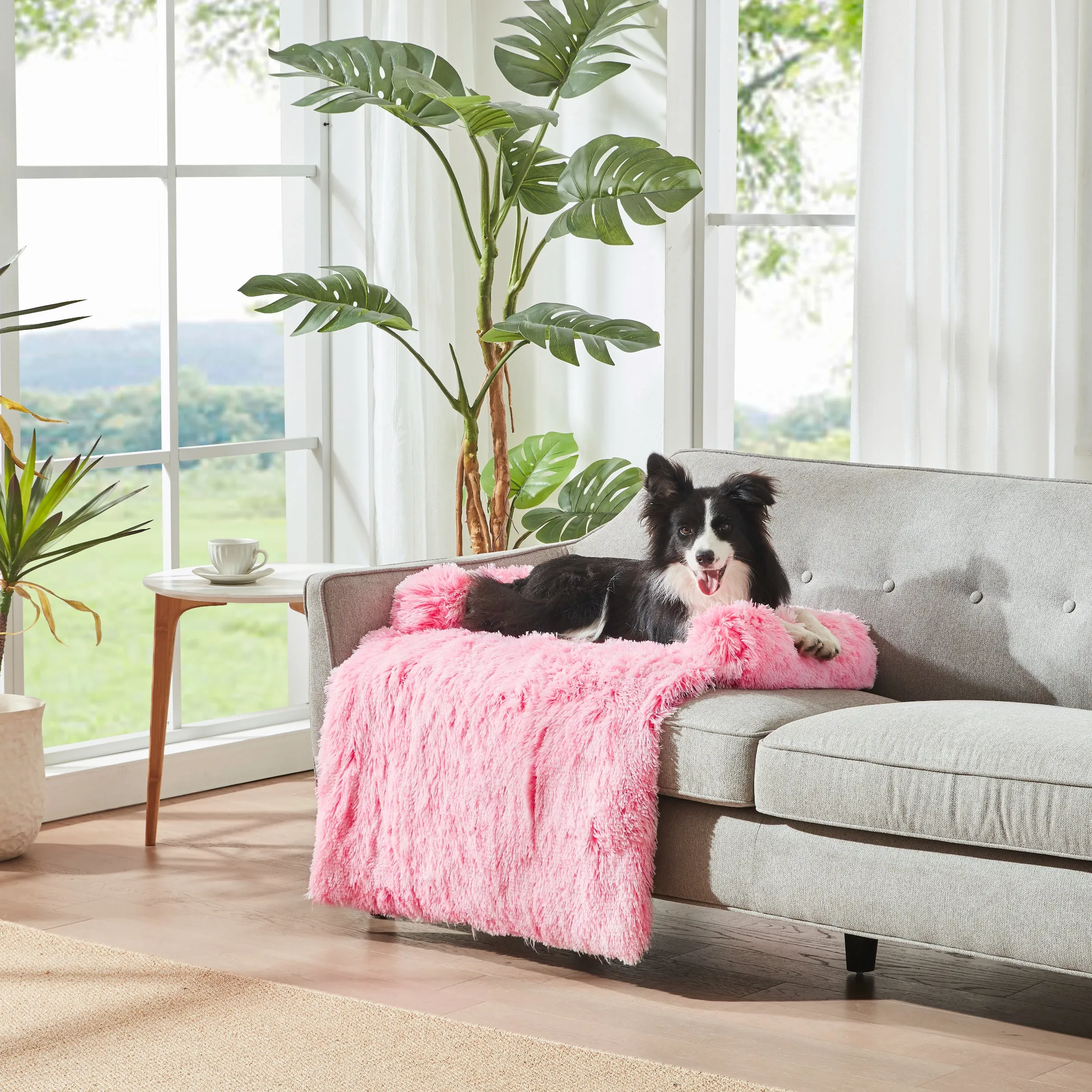 Shaggy Faux Fur Bolster Sofa Protector Pet Bed - Ombre Pink