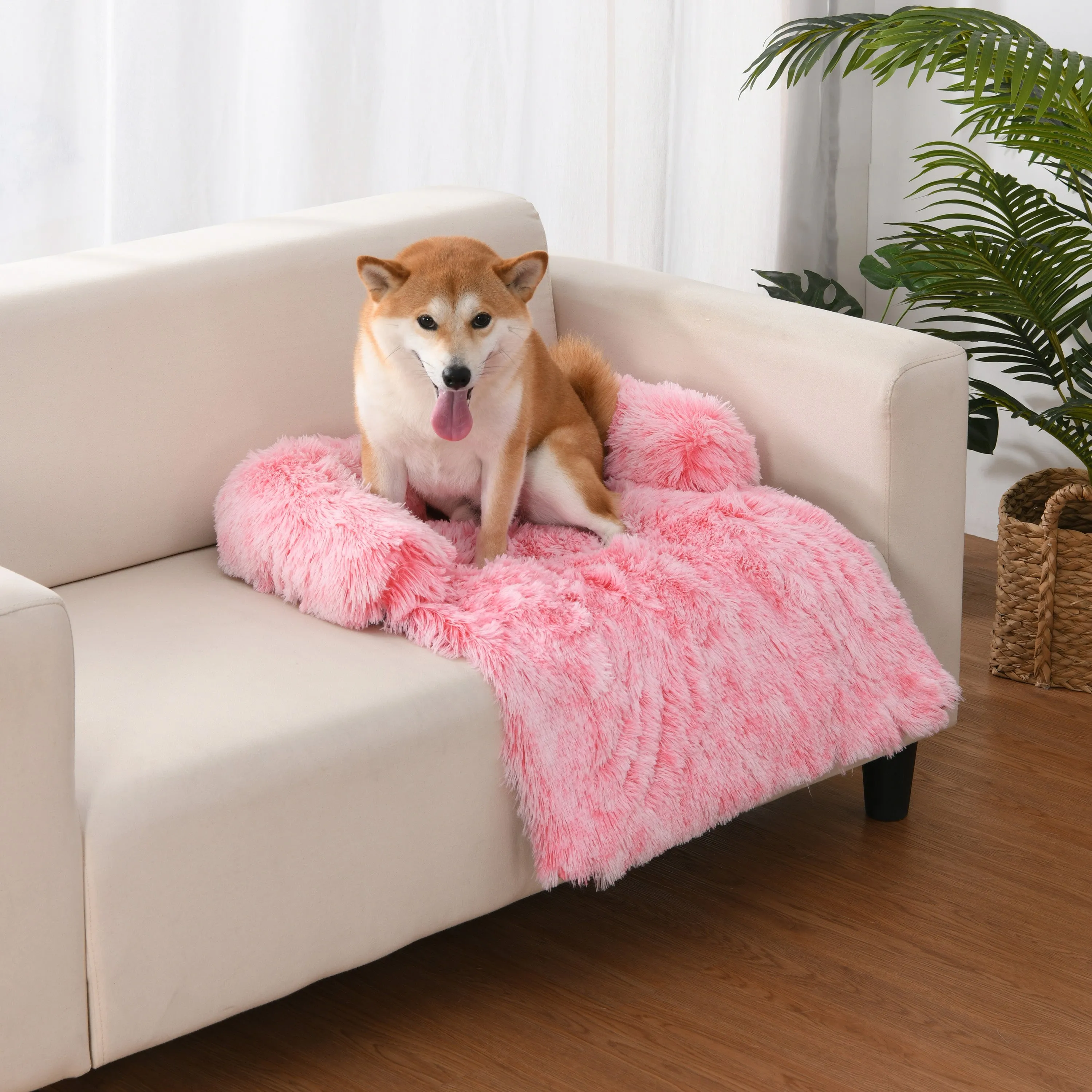 Shaggy Faux Fur Bolster Sofa Protector Pet Bed - Ombre Pink