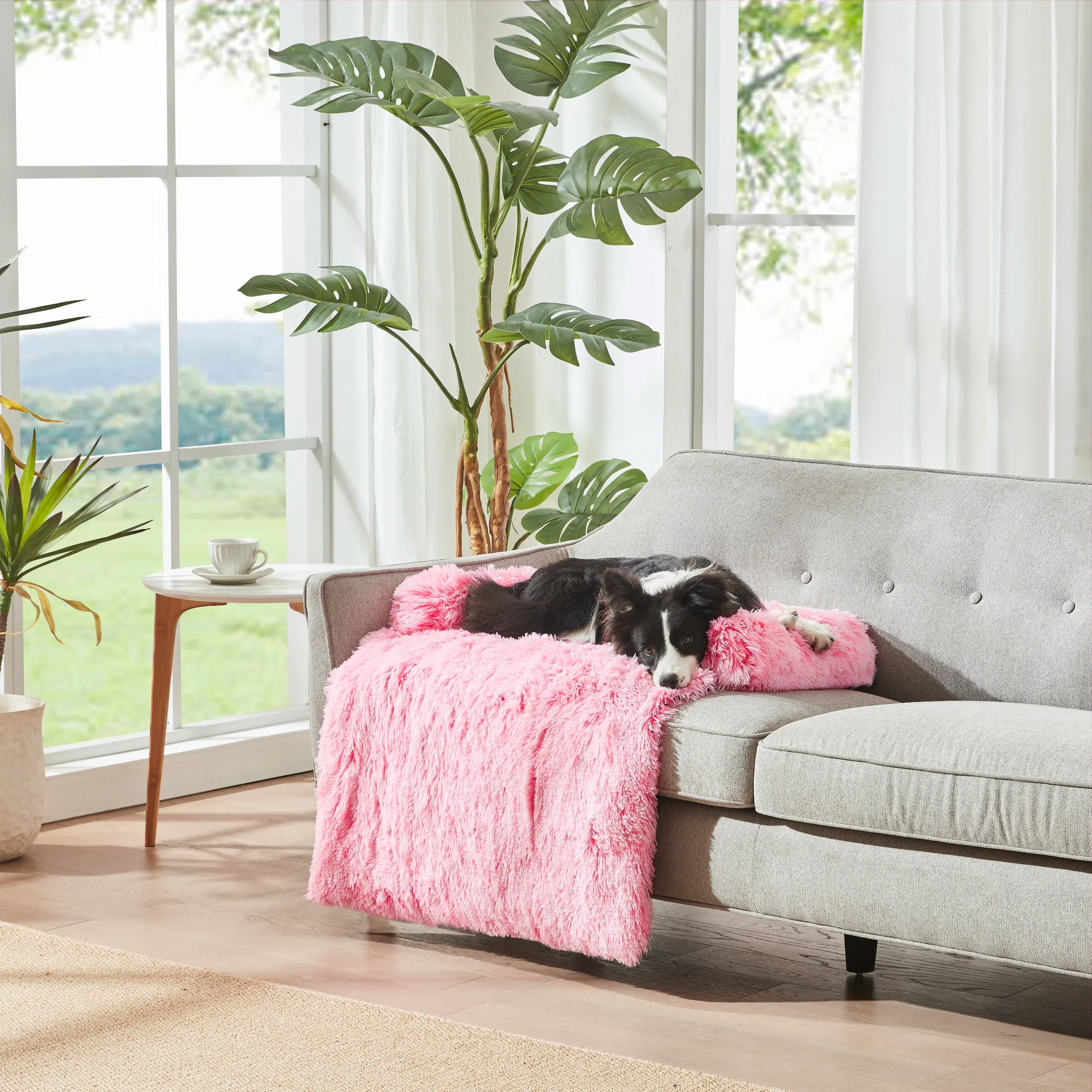 Shaggy Faux Fur Bolster Sofa Protector Pet Bed - Ombre Pink