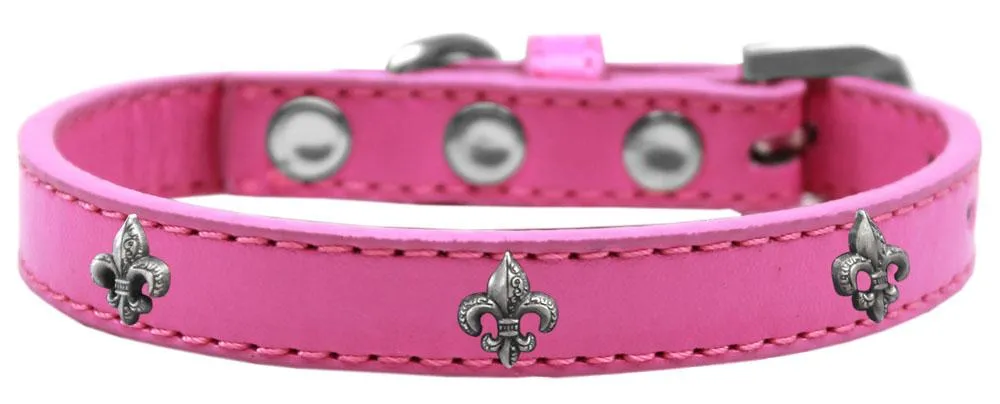 Silver Fleur De Lis Widget Dog Collar Bright Pink Size 18