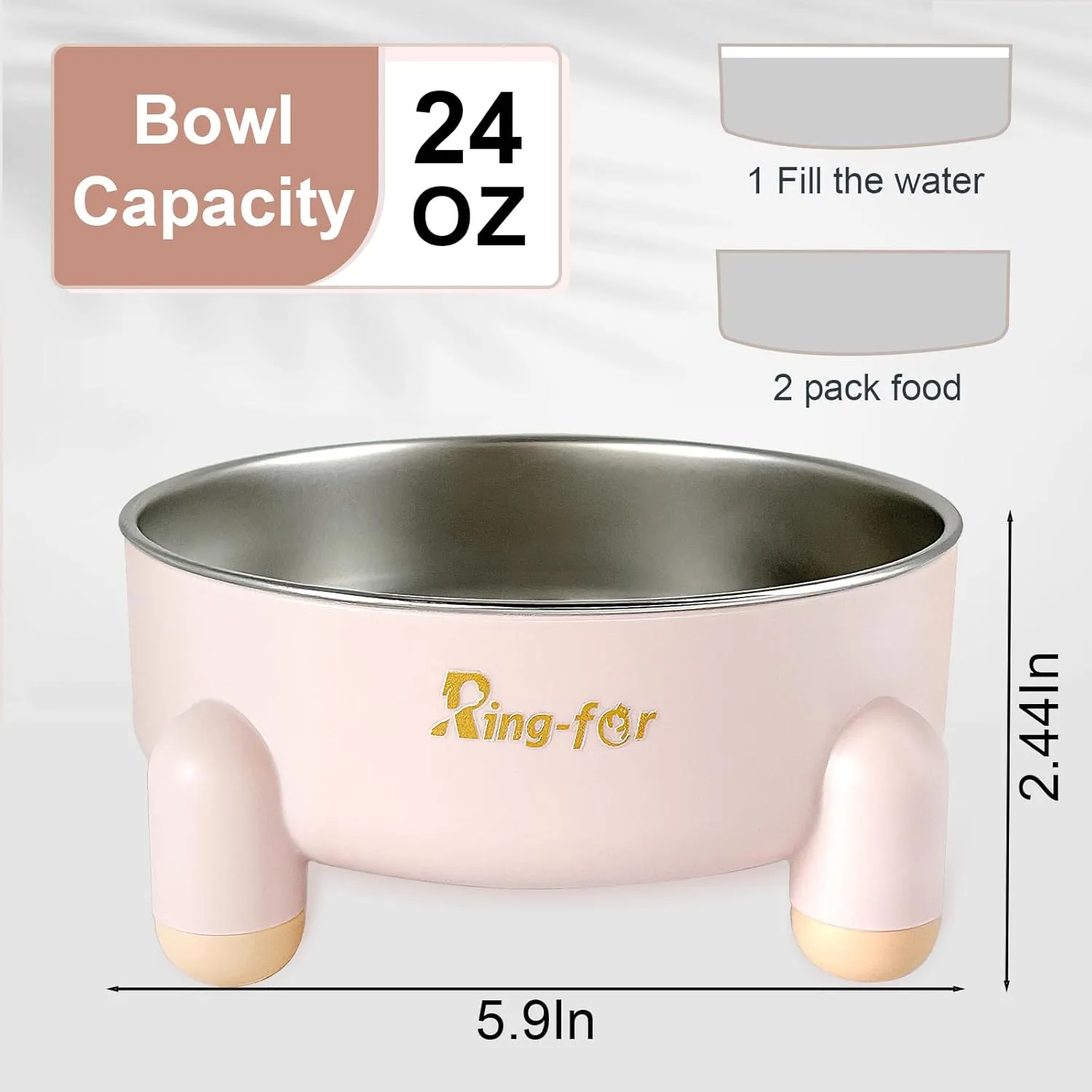 Stainless Steel Dog Bowl, cat, pet Food and Water Bowl, Four-Leg Non-Slip and Silent Rubber Bottom, Double-Layer Detachable Design, Dishwasher Safe, (24 oz, Pink)