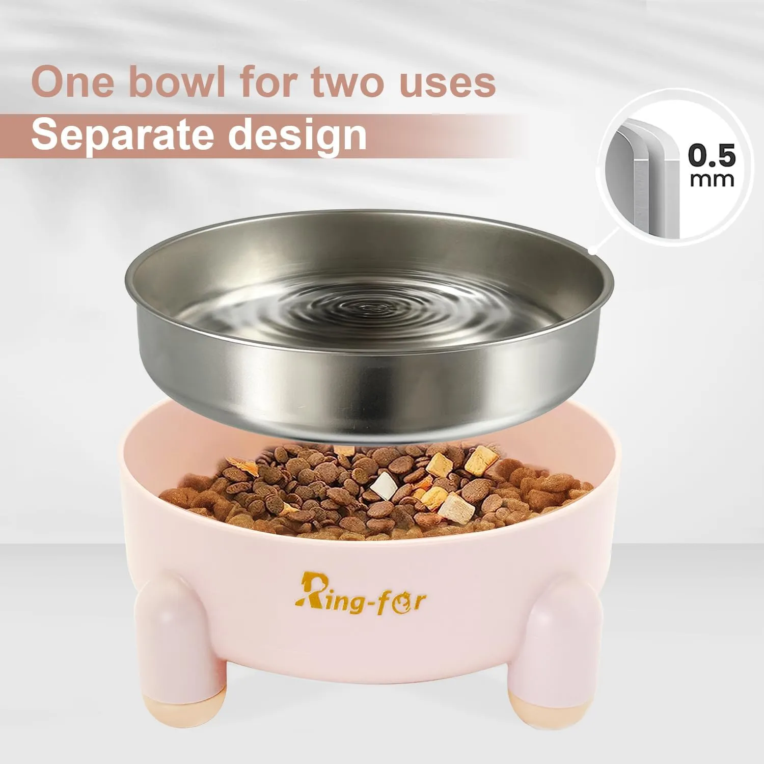 Stainless Steel Dog Bowl, cat, pet Food and Water Bowl, Four-Leg Non-Slip and Silent Rubber Bottom, Double-Layer Detachable Design, Dishwasher Safe, (24 oz, Pink)