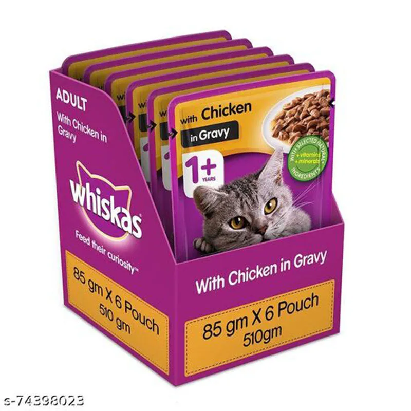 Whiskas Adult (1 Yrs ) Chicken in Gravy, Wet Cat Food 85 g (Pack of 6 Pouches)