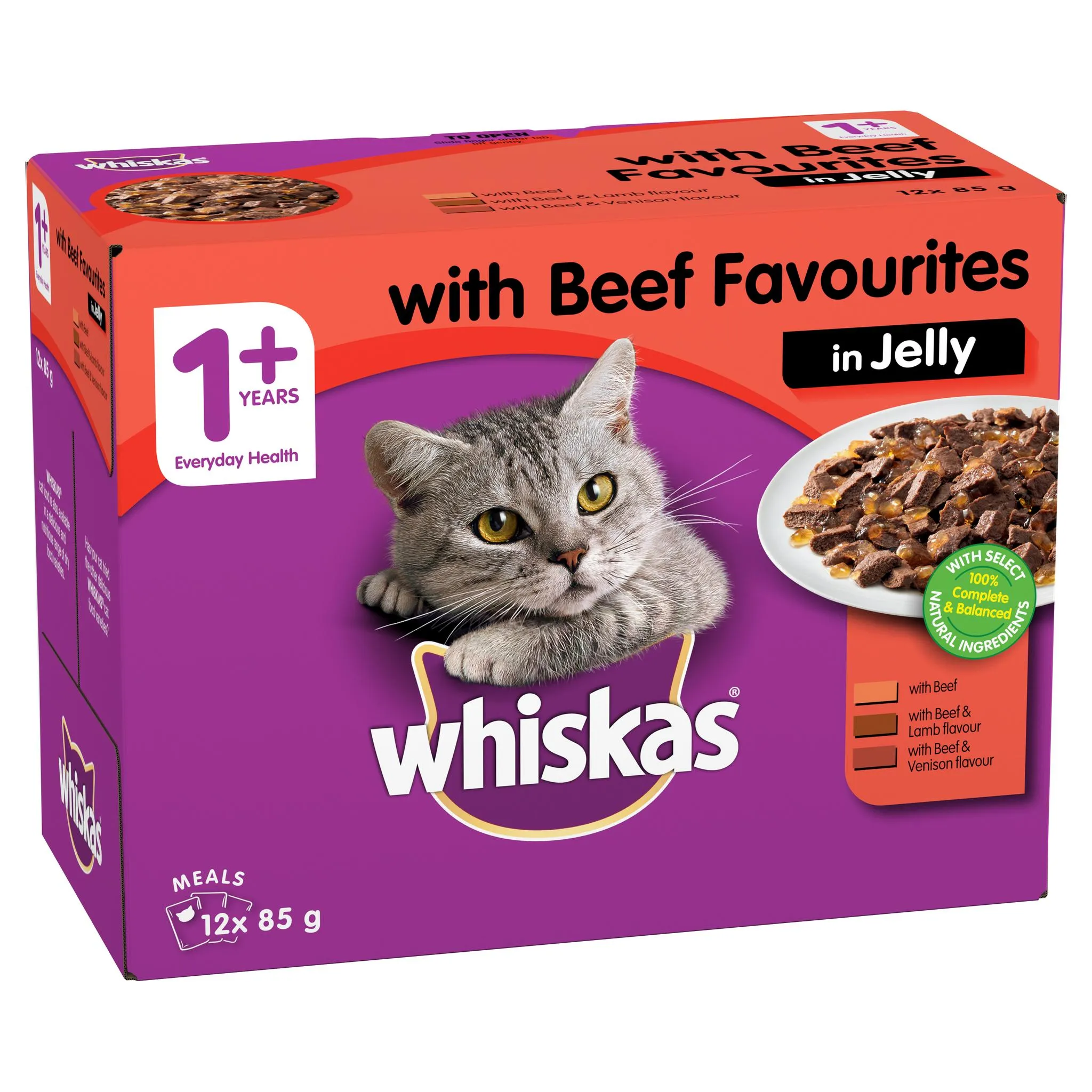 Whiskas Favourites Cat Adult 1 yrs Beef Chunks In Jelly 85g x 12