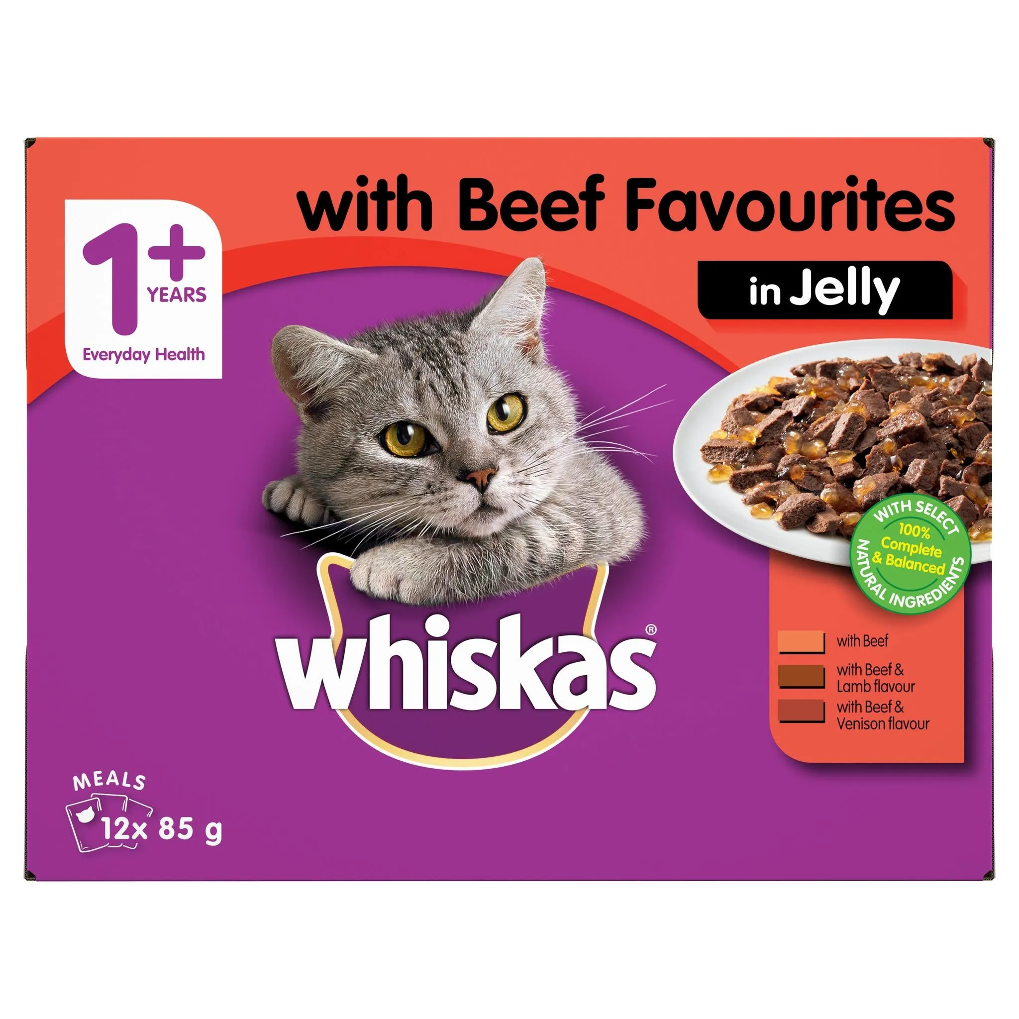 Whiskas Favourites Cat Adult 1 yrs Beef Chunks In Jelly 85g x 12
