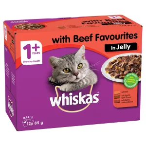 Whiskas Favourites Cat Adult 1 yrs Beef Chunks In Jelly 85g x 12