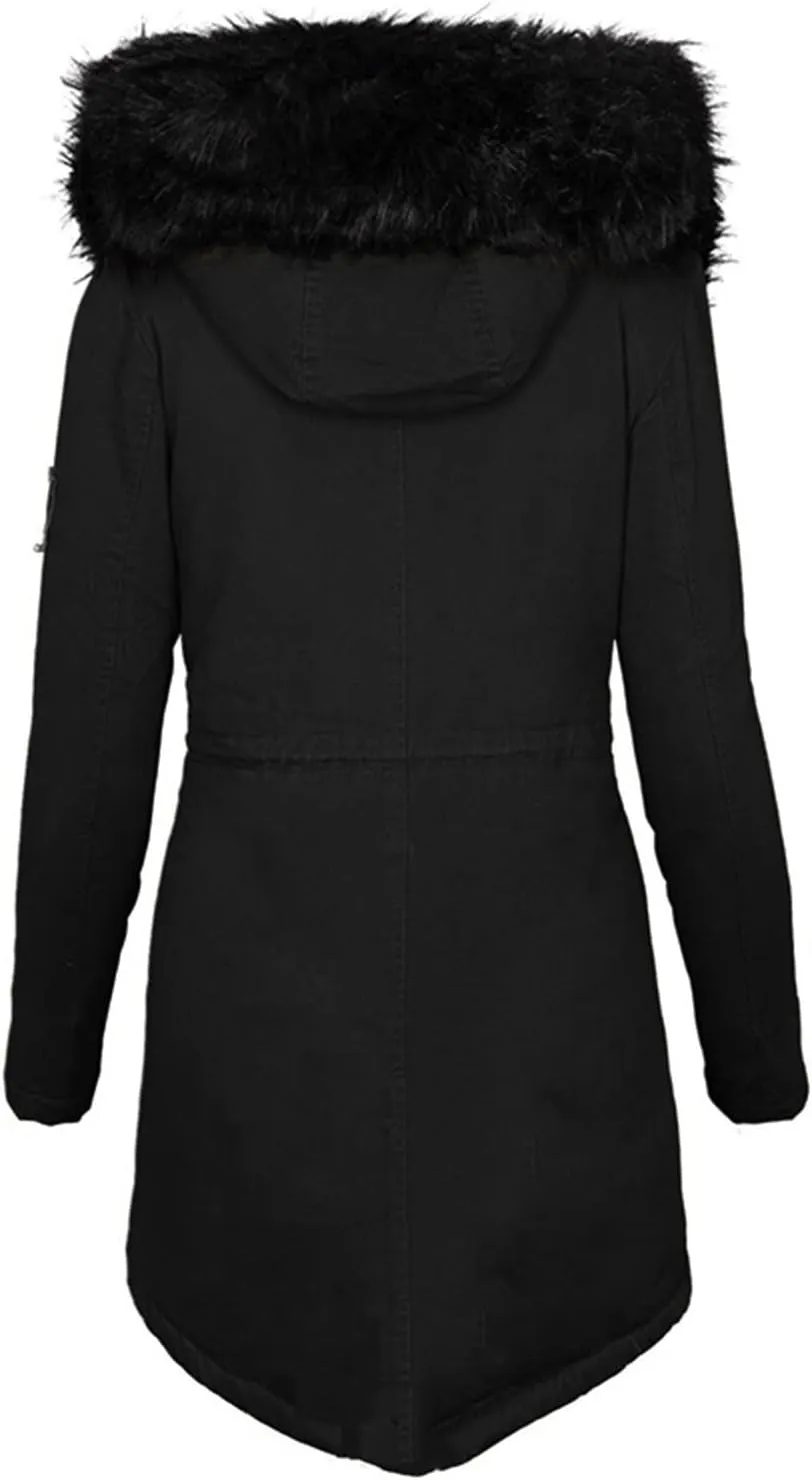 Women's Winter Fleece Lined Parka Jackets Warm Thicken Winter Coat with Fur Hood Long Windproof Cotton Coat Puffer Jackets