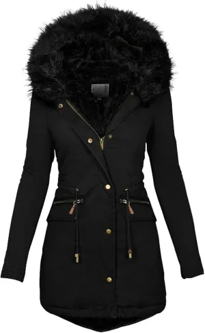 Women's Winter Fleece Lined Parka Jackets Warm Thicken Winter Coat with Fur Hood Long Windproof Cotton Coat Puffer Jackets