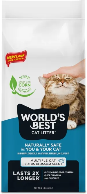 WORLD'S BEST CAT LITTER Multiple Cat Lotus Blossom Scented 32-Pounds - Natural Ingredients, Quick Clumping, Flushable, 99% Dust Free & Made in USA - Floral Fragrance & Long-Lasting Odor Control