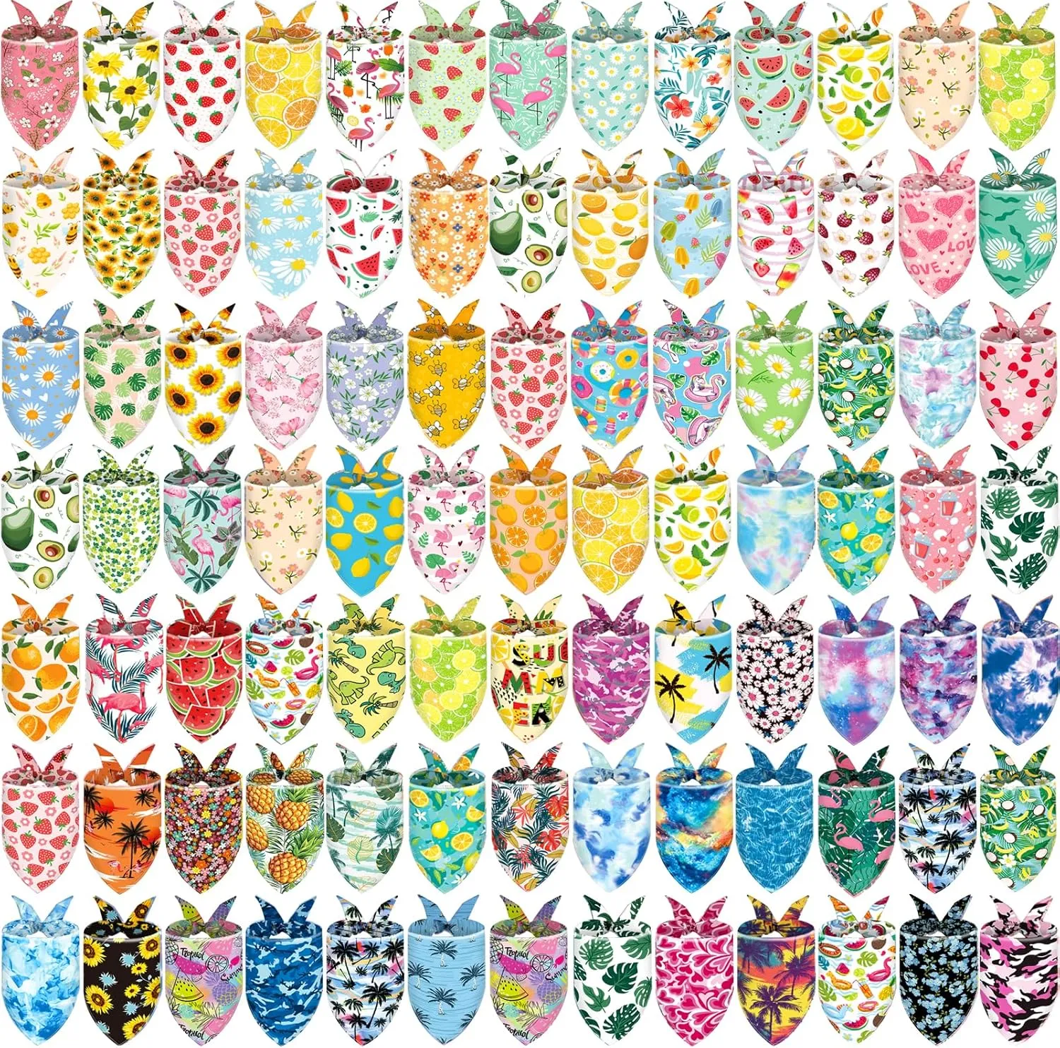 XPUDAC 100 Pack Summer Dog Bandanas Bulk Dog Scarf Bibs Adjustable Washable Kerchief with Fruit Flamingo Flower Patten Pet Costume Accessories for Small Medium Dogs