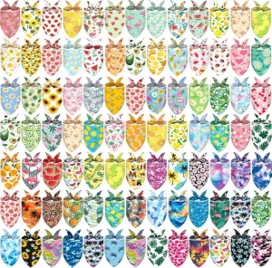XPUDAC 100 Pack Summer Dog Bandanas Bulk Dog Scarf Bibs Adjustable Washable Kerchief with Fruit Flamingo Flower Patten Pet Costume Accessories for Small Medium Dogs