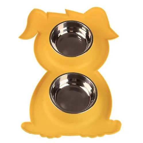 yellow Stainless Steel Double Pet Bowl Dog Cat Twin Food Water Dish Feeding Station AZ21792